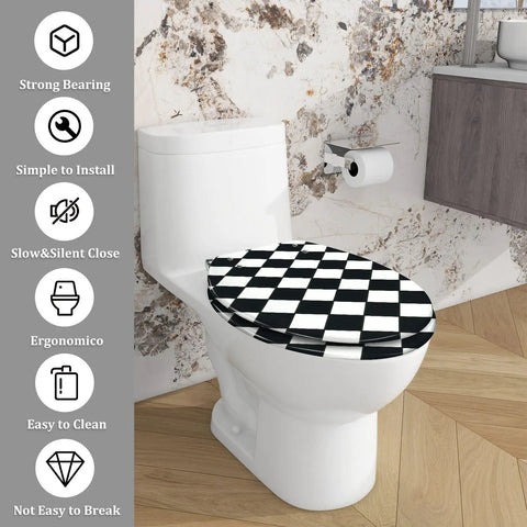 Toilet Seat Elongated Quiet Close for Bathroom with black and white checker design, fits most toilets and easy to clean.