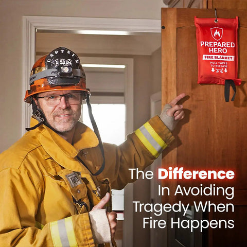 Firefighter next to Emergency Fire Blanket 2 Pack For Home And Kitchen, 39 By 39 Inch Fiberglass Fire Suppression Blanket