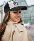 Woman wearing a Breathable Trucker Hat for Men No Crying On The Yacht Style Plain Cap With No Sweat Band outdoors.