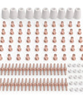 Plasma Cutting Consumables Kit For PT31 Torch Fits CUT-45 CUT-50 MCT-520 CT-520 With 110 Pieces displayed in rows.