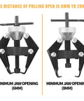 Two Battery Terminal And Wiper Arm Puller Tools showing jaw openings of 6mm and 8mm, heavy duty post clamp removal device.