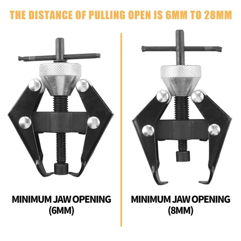 Two Battery Terminal And Wiper Arm Puller Tools showing jaw openings of 6mm and 8mm, heavy duty post clamp removal device.