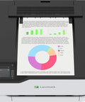 Slick Wireless Color Laser Printer Plus Buttery Smooth Touchscreen displaying colorful graphs on paper, top view