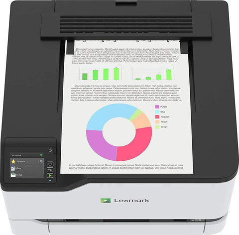 Slick Wireless Color Laser Printer Plus Buttery Smooth Touchscreen displaying colorful graphs on paper, top view