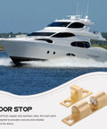 Copper Ball Catch Door Latch Set For Boats And Yachts beside a white yacht on water, highlighting marine use.