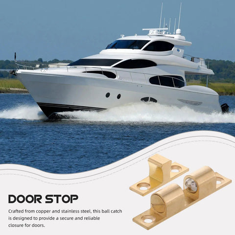 Copper Ball Catch Door Latch Set For Boats And Yachts beside a white yacht on water, highlighting marine use.