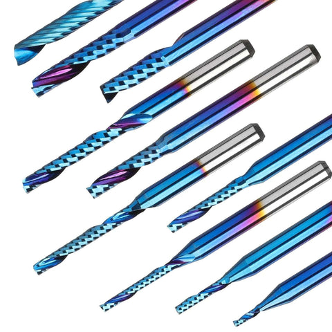 Genmitsu 1/8-inch shank carbide end mills, blue-coated, set of 10, spiral O-flute for woodworking CNC router bits