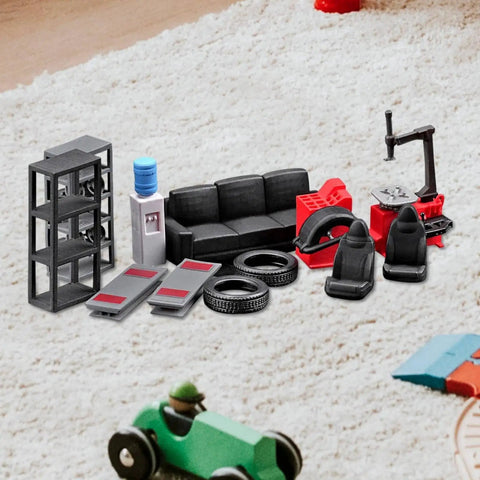 Top Shelf Miniature Vehicle Repair Shop Scene Featuring Resin Seats And Tire Balancing Machine For Collectible Scale Dioramas And Knockout Model Garage Displays with various mini furniture and tools