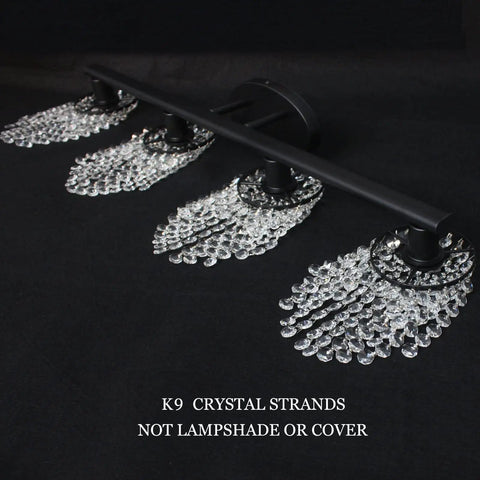 Matte Black 4 Light Crystal Vanity Light Over Mirror for Bathroom with metal frame and K9 crystal strands, side view
