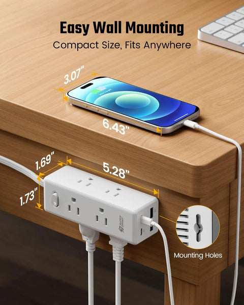 Top Shelf 15 Ft Extension Cord With Super Slim Flat Plug And Ten Spacious Outlets Including Six AC Jacks Two Quick Charge USB C Ports And Two Standard USB A Pads For No Nonsense Multi Gadget Charging At Home Or On The Road, compact design with measurements.