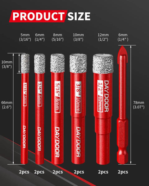 Pro Grade Dry Diamond Drill Bits Set For Porcelain Tile Ceramic Glass Marble And Granite 12-Piece Hole Saw Kit sizes shown