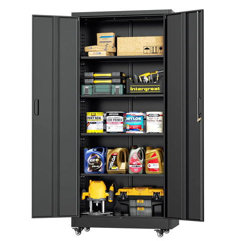 Beefy Heavy Duty 73 Inch Tall Metal Storage Cabinet On Wheels With Lockable Doors And Adjustable Shelves Five Tier Garage And Workshop Organizer