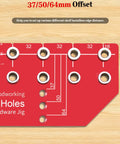 Close-up of red adjustable 11 Hole Shelf Pin Jig showing 37/50/64mm offsets for precise shelf installation in cabinets and wardrobes.
