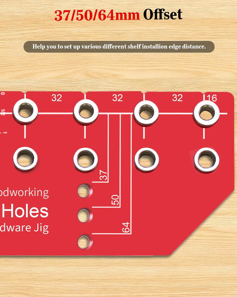 Close-up of red adjustable 11 Hole Shelf Pin Jig showing 37/50/64mm offsets for precise shelf installation in cabinets and wardrobes.
