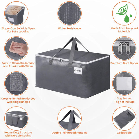Beefy Heavy Duty Moving Bags Set 6 Pack 93L Storage Bags with features like zippers, grippy handles, and water resistance for storing.