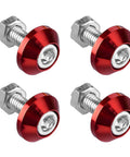 Fresh Red M6 Aluminum Motorcycle License Plate Bolts For Cars Trucks, anti theft decorative tag screws, set of four viewed from above.