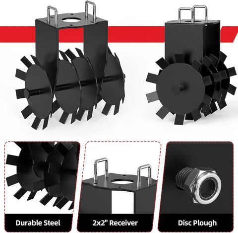 Beefy Heavy Duty Disc Plow Harrow For ATV UTV Towed Tiller with durable steel and 2 inch hitch detail view.