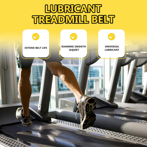 Person running on treadmill, promoting Silicone Treadmill Lube 7oz 200ml With Applicator Tubes For Belt And Gear Lubrication.