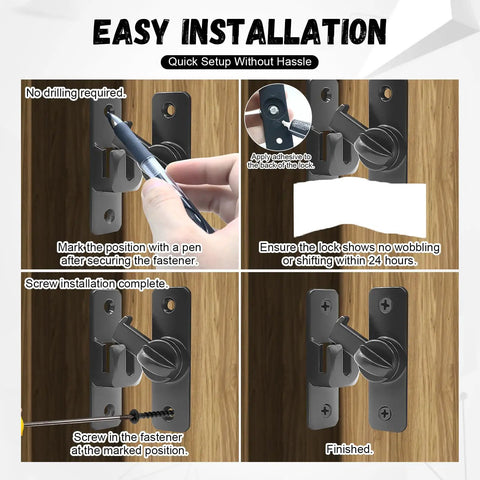 Installation steps for Hassle Free Barn Door Lock And Flip Latch For Sliding Doors Quick Adhesive Mount To Keep The Kiddos Safe Heavy Duty Zinc Alloy Construction Stays Put In Black.