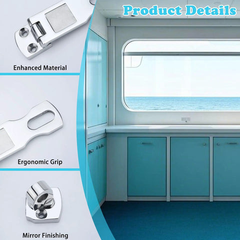 Marine Grade Door Hasp Anti Rattle Boat Latches With Turning Padlock Eye Mount 316 Stainless Steel Heavy Duty Hatch Latch For Boats And Yachts Pack Of 2 product details including enhanced material, ergonomic grip, and mirror finishing shown next to a marine compartment with sea view