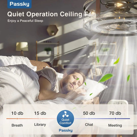 Man sleeping under 20 Inch Farmhouse Flush Mount Ceiling Fan With Lights And Remote, Industrial Black Cage Fandelier in bedroom
