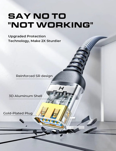Close-up of USB connector showing reinforced SR design, 3D aluminum shell, and gold-plated plug for sturdy connection.