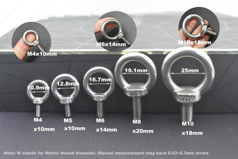 Rock Solid M5 Eyebolts With Nuts And Washers 10 Pack Straight Up 304 Stainless Steel Metric Shoulder Ring Bolt showing various sizes.