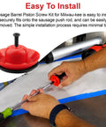 No Hassle 2 Set Grease Gun Plunger Screw Kit 44 70 0375 for 20 Oz sausage barrels with red piston screw being installed.