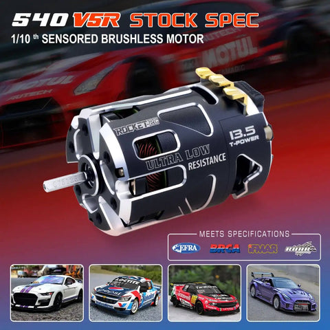 High RPM 540 V5R Sensored Brushless RC Motor 17.5T 2500KV For 1 To 10 Scale Racing Cars With 3.175mm Shaft Compatible With Sensored And Sensorless ESC For Serious On Track Performance, black and white design with specifications in background and images of 1/10 scale racing cars beneath.