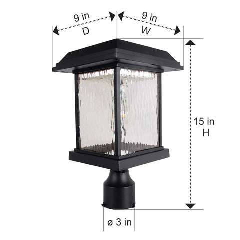 Aspen Solar Lamp Post Light Outdoor Waterproof Aluminum With Clear Rain Glass 3-Inch Fitter showing dimensions