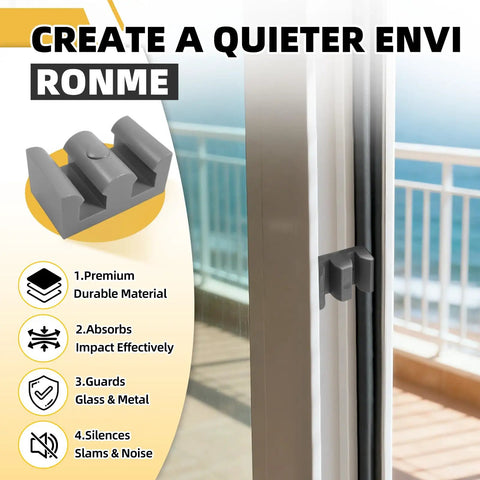 Heavy Duty Silicone Shower Door Bumpers 4 Pack, Slick Anti Collision Stops For Framed Glass Doors, Tough No Sweat Waterproof Bathroom Guards In Sleek Grey Vibe on a sliding door.