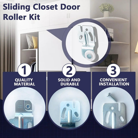 Eight Piece Sliding Closet Door Roller Kit For Top Hung Bypass Tracks Featuring Glides Like Butter Smooth Quiet Wheel Hardware, close-up of roller components.