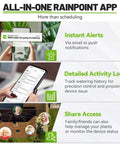 Smart WiFi Solar Drip Irrigation System For Indoor And Outdoor Use With App Control And Automatic Plant Waterer Kit Water Shortage Alerts shown in app features with instant alerts, activity logs, and share access.