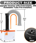 Hardcore Desktop Fume Extractor And Smoke Absorber with 360° rotatable tube, size dimensions displayed for laser engraving and soldering.