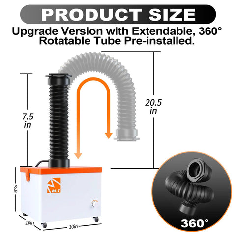 Hardcore Desktop Fume Extractor And Smoke Absorber with 360° rotatable tube, size dimensions displayed for laser engraving and soldering.