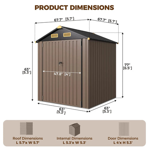 Heavy Duty 6x6 Outdoor Storage Shed With Lockable Double Doors, Galvanized Steel Build, Built In Ventilation, Black Brown