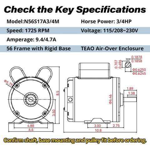 Technical diagram of 0.75 HP Farm Duty Electric Motor 1725 RPM Dual Voltage 115 230V 56 Frame