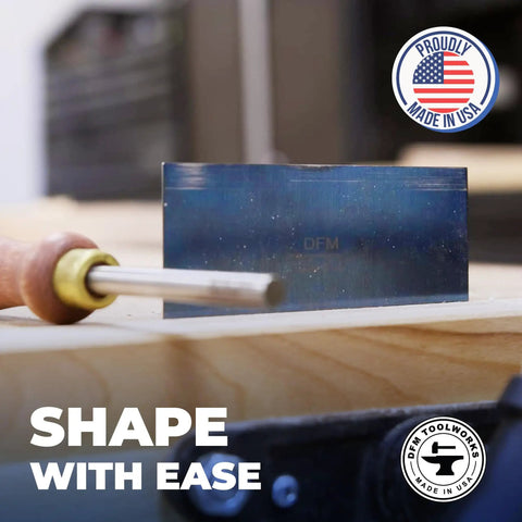 Top Shelf High Carbon Steel Rectangle Card Scraper Set Delivering Knockout Performance On Fine Woodworking Projects, close-up of scraper on wood.