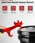 Ultimate 3 In 1 Bung Wrench And Bucket Opener Tool For Tough Aluminum Drum Lids, shown opening a black bucket with a red ergonomic handle.