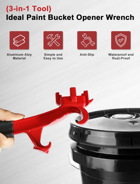 Ultimate 3 In 1 Bung Wrench And Bucket Opener Tool For Tough Aluminum Drum Lids, shown opening a black bucket with a red ergonomic handle.