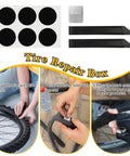 All In One Bike Repair Kit With Mini Pump And 16 In 1 Multitool, Tire Levers, patches, with images demonstrating tire repair steps