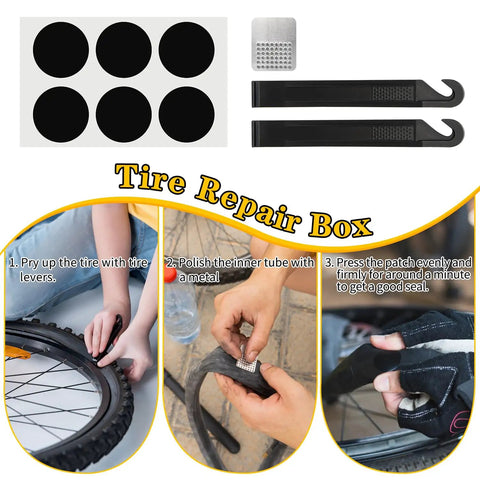 All In One Bike Repair Kit With Mini Pump And 16 In 1 Multitool, Tire Levers, patches, with images demonstrating tire repair steps