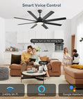 Living room with family, featuring a 52 Inch Smart Ceiling Fan With Lights For Indoor Outdoor Use Remote Control Works With Alexa And Google Assistant Quiet Reversible DC Motor 6 Speed 8 Blade Black Ceiling Fan For Patio Bedroom Garage.