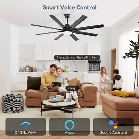 Living room with family, featuring a 52 Inch Smart Ceiling Fan With Lights For Indoor Outdoor Use Remote Control Works With Alexa And Google Assistant Quiet Reversible DC Motor 6 Speed 8 Blade Black Ceiling Fan For Patio Bedroom Garage.
