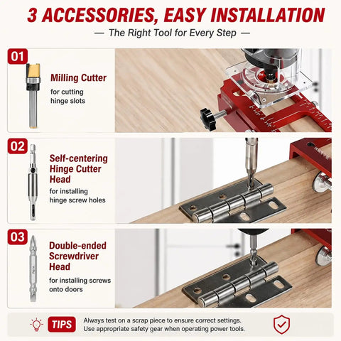 Heavy Duty Adjustable Aluminum Door Hinge Jig And Lock Installation Kit Featuring Precision Mortise Template for easy installation of hinge screws.