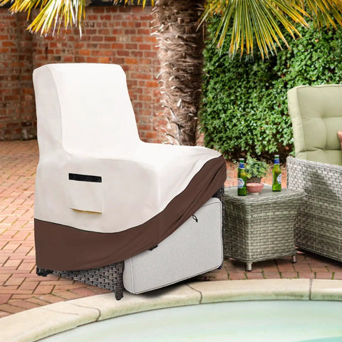 Heavy Duty Waterproof Outdoor Recliner Chair Cover For Patio And Lawn Fits Up To Thirty One Point Five Inch Deep 31 Inch Wide 41 Inch High 600D Oxford Tough As Nails Tear Resistant Weatherproof Beige And Brown covering chair by poolside