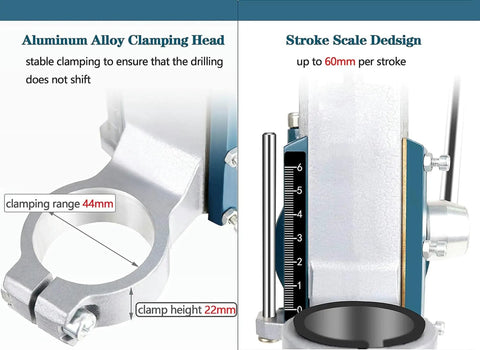 Close-up of Rock Solid Drill Press Stand clamping head and stroke scale, 44mm clamp range, 60mm stroke, aluminum alloy material.