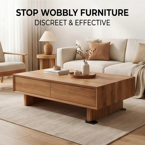 Trimmable Rubber Shims For Wobbly Furniture, under a modern coffee table, preventing wobbling on uneven floors.