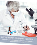 Scientist using Two Sets Electromagnet Experiment Kit For Kids DIY Physics Lab Tools with microscope and notes in lab setting.