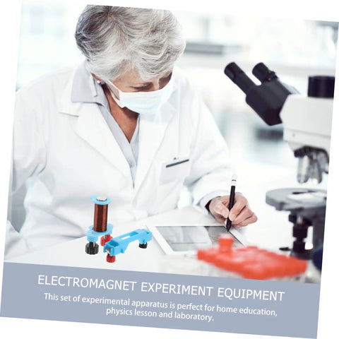 Scientist using Two Sets Electromagnet Experiment Kit For Kids DIY Physics Lab Tools with microscope and notes in lab setting.